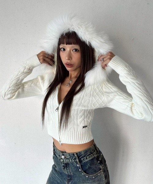 セール】フェイクファー Wジップ ケーブルニット フーディー