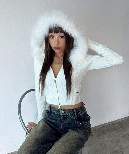 セール】フェイクファー Wジップ ケーブルニット フーディー