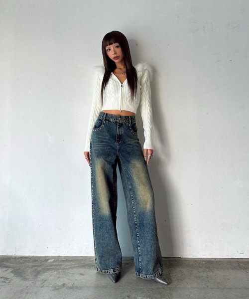 セール】フェイクファー Wジップ ケーブルニット フーディー