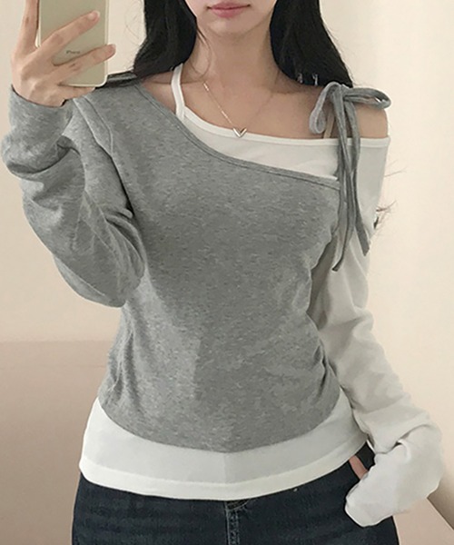 Girly Doll(ガーリードール)の「レイヤ―ドデザインリボン長袖カットソー(Tシャツ/カットソー・レディース・グレー/ブラック・S/M)」の1枚目の写真