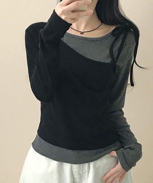 Girly Doll(ガーリードール)の「レイヤ―ドデザインリボン長袖カットソー(Tシャツ/カットソー・レディース・グレー/ブラック・S/M)」の2枚目の写真