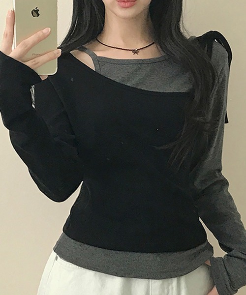 Girly Doll(ガーリードール)の「レイヤ―ドデザインリボン長袖カットソー(Tシャツ/カットソー・レディース・グレー/ブラック・S/M)」の4枚目の写真
