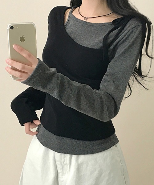 Girly Doll(ガーリードール)の「レイヤ―ドデザインリボン長袖カットソー(Tシャツ/カットソー・レディース・グレー/ブラック・S/M)」の5枚目の写真
