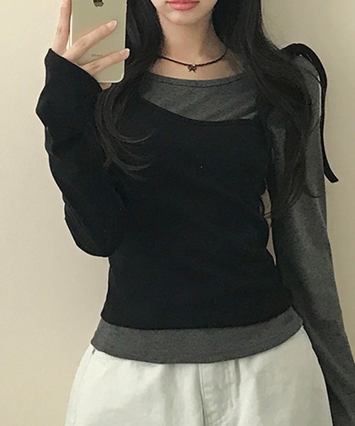 Girly Doll(ガーリードール)の「レイヤ―ドデザインリボン長袖カットソー(Tシャツ/カットソー・レディース・グレー/ブラック・S/M)」の6枚目の写真