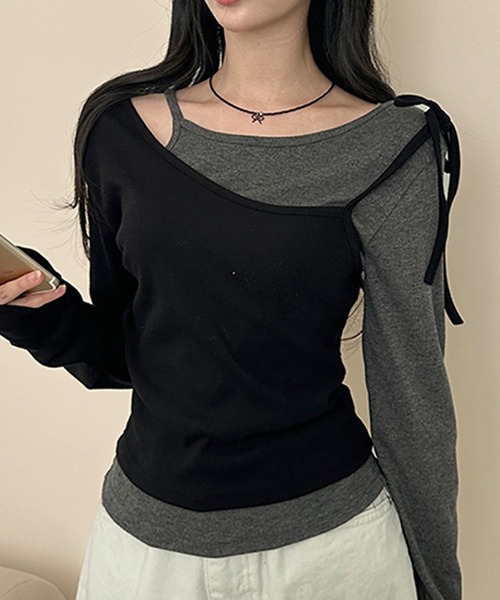 Girly Doll(ガーリードール)の「レイヤ―ドデザインリボン長袖カットソー(Tシャツ/カットソー・レディース・グレー/ブラック・S/M)」の7枚目の写真