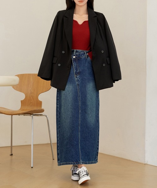 DAY CLOSET(デイ クローゼット)の「斜めクロスデザインでウエスト綺麗魅せ。マキシ丈デニムナロースカート レディース(デニムスカート・レディース・ライトブルー/インディゴブルー・L/M)」の15枚目の写真