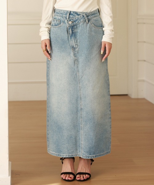 セール】斜めクロスデザインでウエスト綺麗魅せ。マキシ丈デニムナロー