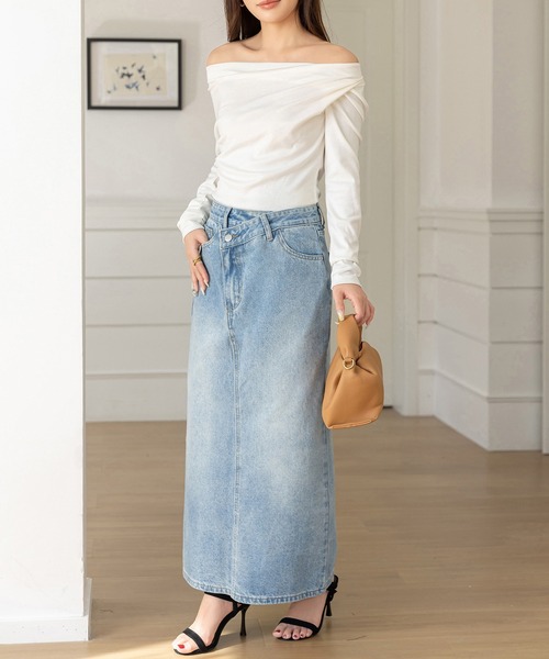 セール】斜めクロスデザインでウエスト綺麗魅せ。マキシ丈デニムナロー