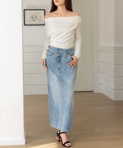 セール】斜めクロスデザインでウエスト綺麗魅せ。マキシ丈デニムナロー