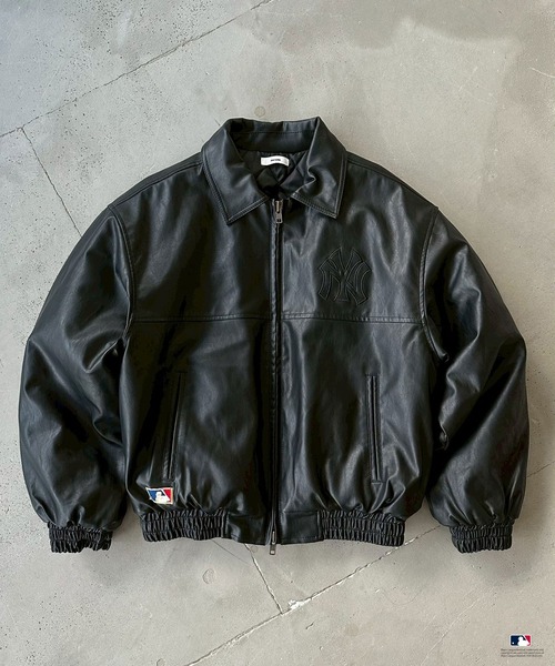 セール】Perushu × MLB パッチワーク刺繍ロゴ合成皮革中綿ブルゾン