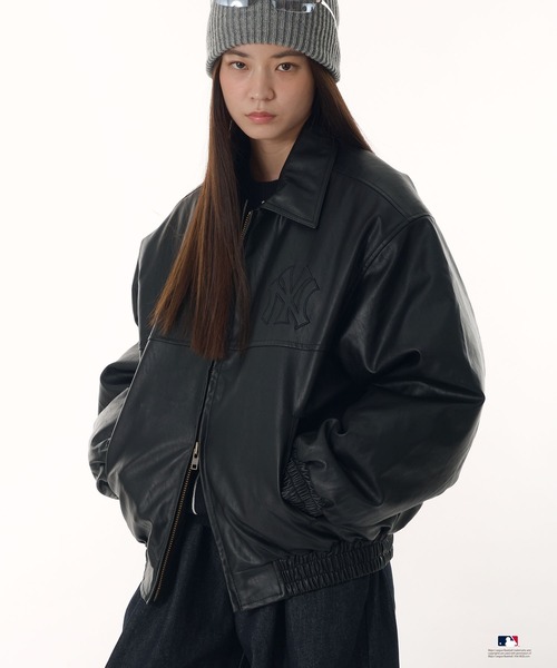 Perushu × MLB パッチワーク刺繍ロゴ合成皮革中綿ブルゾン（ブルゾン