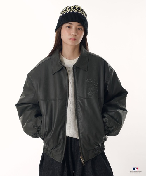 Perushu × MLB パッチワーク刺繍ロゴ合成皮革中綿ブルゾン（ブルゾン