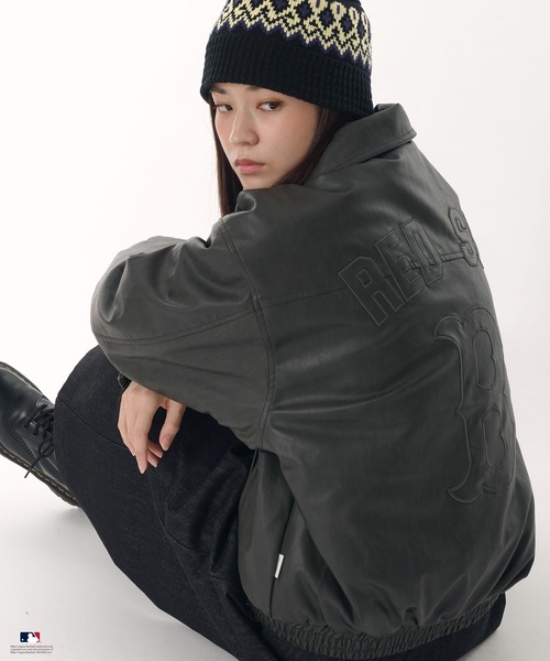 Perushu × MLB パッチワーク刺繍ロゴ合成皮革中綿ブルゾン（ブルゾン