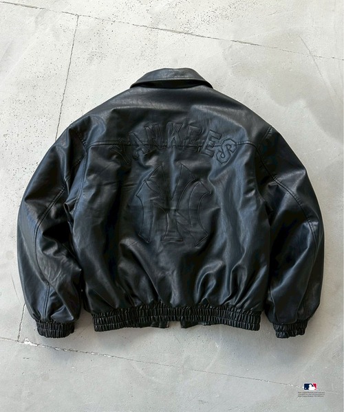 セール】Perushu × MLB パッチワーク刺繍ロゴ合成皮革中綿ブルゾン