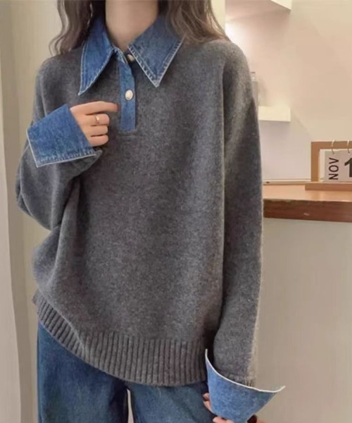NoBelle(ノベル)の「異素材切り替え デニムドッキングニットポロシャツ(ポロシャツ・レディース・グレー/ホワイト/レッド・FREE)」の1枚目の写真