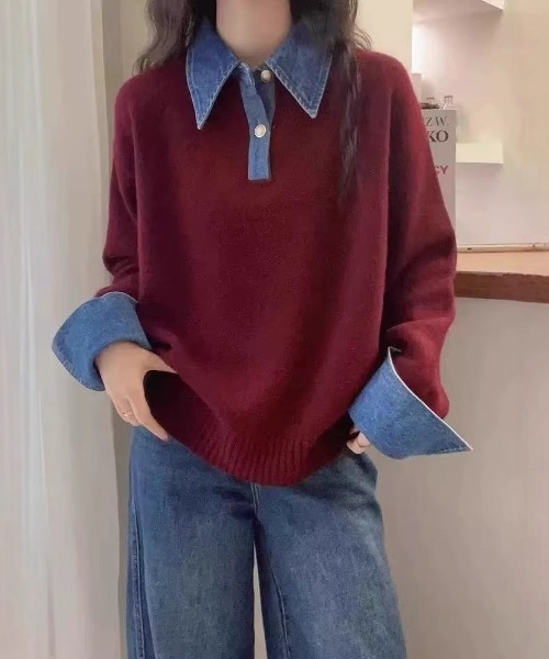 NoBelle(ノベル)の「異素材切り替え デニムドッキングニットポロシャツ(ポロシャツ・レディース・グレー/ホワイト/レッド・FREE)」の3枚目の写真
