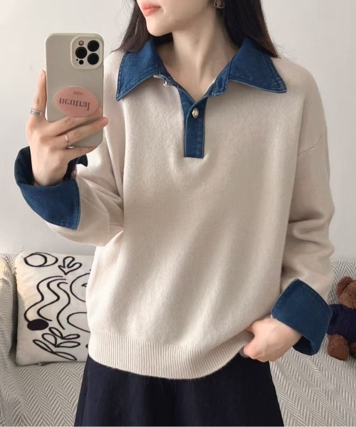 セール】異素材切り替え デニムドッキングニットポロシャツ