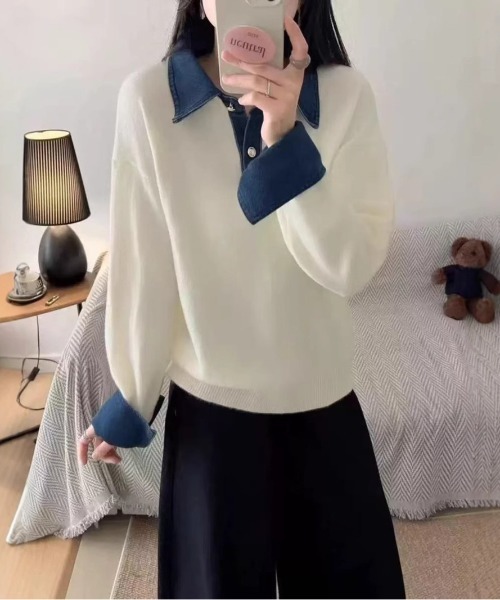 セール】異素材切り替え デニムドッキングニットポロシャツ