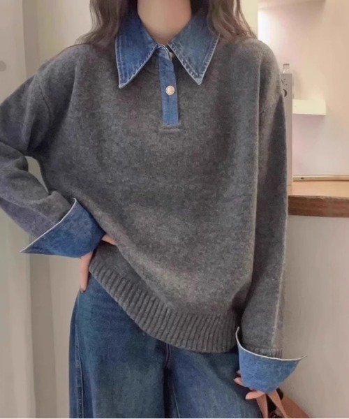 NoBelle(ノベル)の「異素材切り替え デニムドッキングニットポロシャツ(ポロシャツ・レディース・グレー/ホワイト/レッド・FREE)」の5枚目の写真