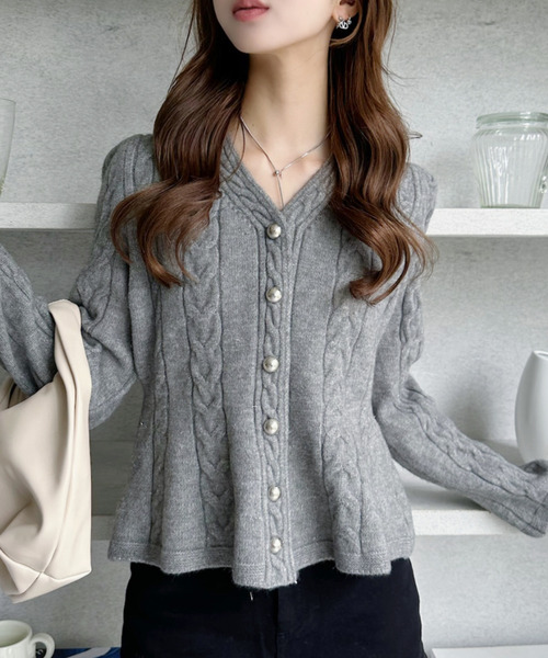 セール】Vネック ケーブル ペプラム ニット カーディガン