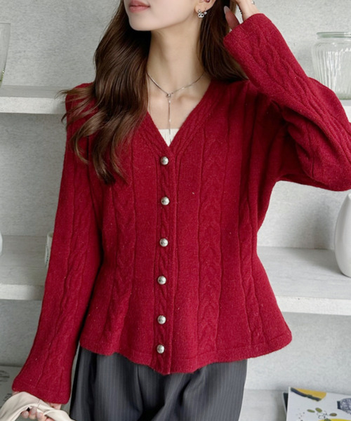 セール】Vネック ケーブル ペプラム ニット カーディガン