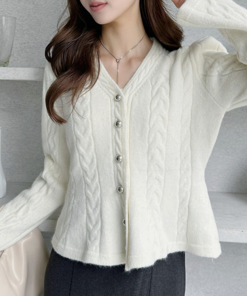 セール】Vネック ケーブル ペプラム ニット カーディガン