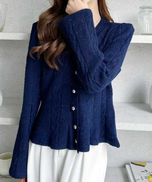 セール】Vネック ケーブル ペプラム ニット カーディガン