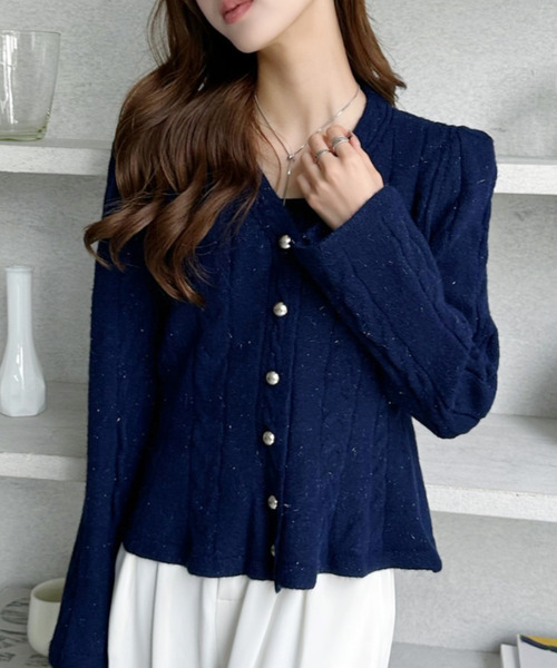 セール】Vネック ケーブル ペプラム ニット カーディガン