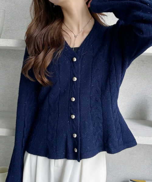 【レッドヴァレンティノ】ペプラムリボンカーディガン（S）ネイビー　ボーダー DLARGE.JPG