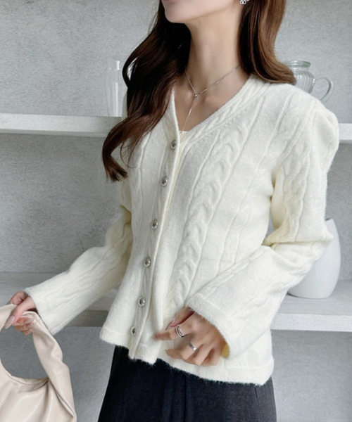 セール】Vネック ケーブル ペプラム ニット カーディガン