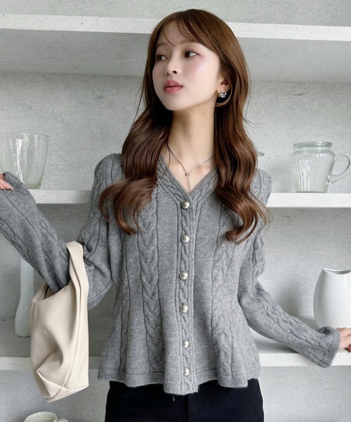 セール】Vネック ケーブル ペプラム ニット カーディガン