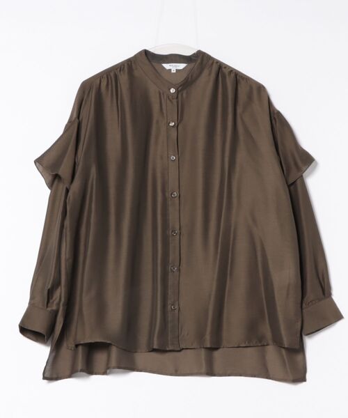 m.f.editorial（エムエフエディトリアル）の「【ややゆったり 袖フリル】m.f.エディトリアルレディース  マオカラー ブラウス（シャツ/ブラウス・レディース・カーキ/ブラウン・MEDIUM）」の4枚目の写真