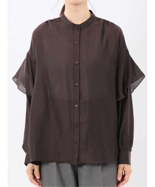 m.f.editorial（エムエフエディトリアル）の「【ややゆったり 袖フリル】m.f.エディトリアルレディース  マオカラー ブラウス（シャツ/ブラウス・レディース・カーキ/ブラウン・MEDIUM）」の15枚目の写真