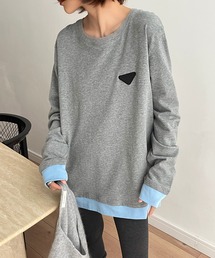 配色 フェイクレイヤード 長袖 クルーネック  プルオーバー