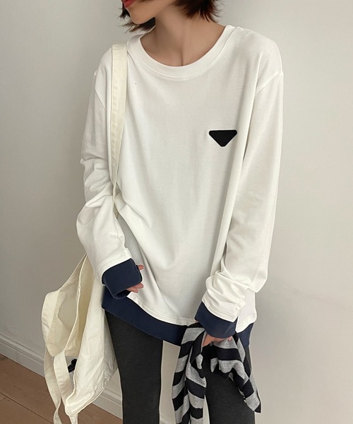 Lace Ladies(レースレディース)の「配色 フェイクレイヤード 長袖 クルーネック プルオーバー(Tシャツ/カットソー・レディース・ブラック/グレー/ホワイト/ブラウン・FREE)」の2枚目の写真