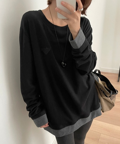 Lace Ladies(レースレディース)の「配色 フェイクレイヤード 長袖 クルーネック プルオーバー(Tシャツ/カットソー・レディース・ブラック/グレー/ホワイト/ブラウン・FREE)」の1枚目の写真