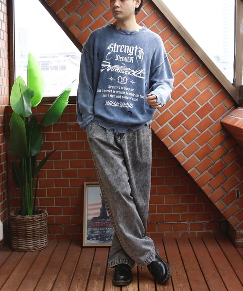 8(eight)(エイト)の「ウォッシュ加工ダメージニット(ニット/セーター・メンズ・カーキ/ブルー/チャコール・MEDIUM/LARGE)」の5枚目の写真