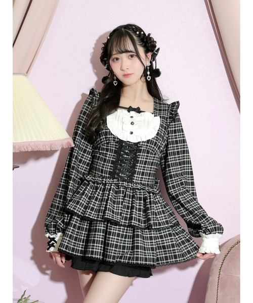 デコルテリボンヨークフリルレースアップセットアップ（ワンピース