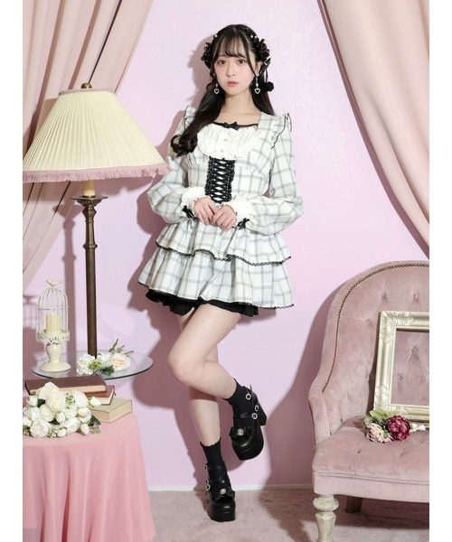 デコルテリボンヨークフリルレースアップセットアップ（ワンピース