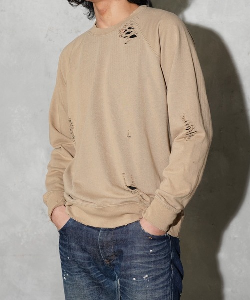 THRIFTY LOOK(スリフティールック)の「THRIFTY LOOK / スリフティールック WORN-OUT RAGLAN CREW SWEAT ダメージ加工 ラグランスリーブ クルーネックスウェット(スウェット・メンズ・ブラック/ブラウン系/ヘザーグレー・MEDIUM/LARGE/X-LARGE)」の3枚目の写真
