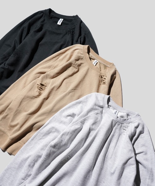 THRIFTY LOOK(スリフティールック)の「THRIFTY LOOK / スリフティールック WORN-OUT RAGLAN CREW SWEAT ダメージ加工 ラグランスリーブ クルーネックスウェット(スウェット・メンズ・ブラック/ブラウン系/ヘザーグレー・MEDIUM/LARGE/X-LARGE)」の4枚目の写真