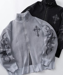 SlashDate（スラッシュデイト）の「【82】トライバル柄 クロスワンポイント ニットブルゾン ダブルジップ（ニット/セーター）」