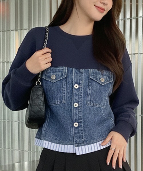 Pt18kg(プラチナイチハチキログラム)の「異素材ドッキングトップス(Tシャツ/カットソー・レディース・ネイビー/ブラック/グレー・FREE)」の1枚目の写真