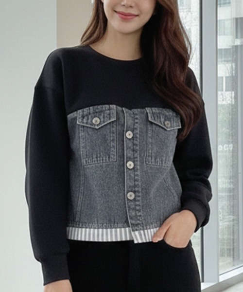 Pt18kg(プラチナイチハチキログラム)の「異素材ドッキングトップス(Tシャツ/カットソー・レディース・ネイビー/ブラック/グレー・FREE)」の2枚目の写真