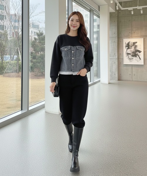 Pt18kg(プラチナイチハチキログラム)の「異素材ドッキングトップス(Tシャツ/カットソー・レディース・ネイビー/ブラック/グレー・FREE)」の4枚目の写真