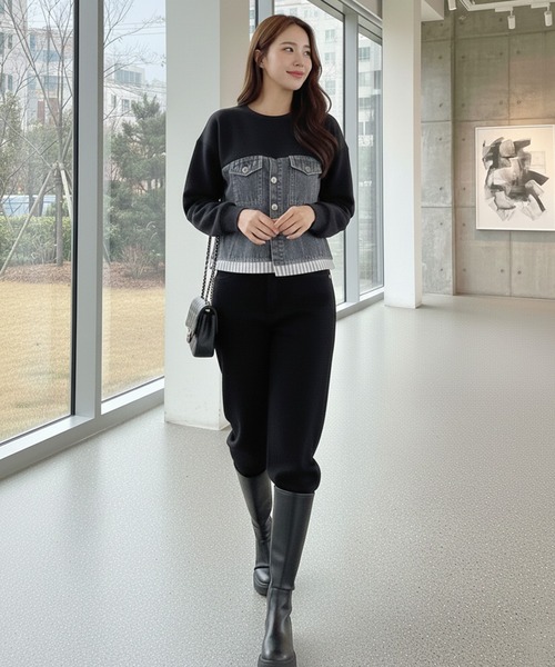 Pt18kg(プラチナイチハチキログラム)の「異素材ドッキングトップス(Tシャツ/カットソー・レディース・ネイビー/ブラック/グレー・FREE)」の5枚目の写真