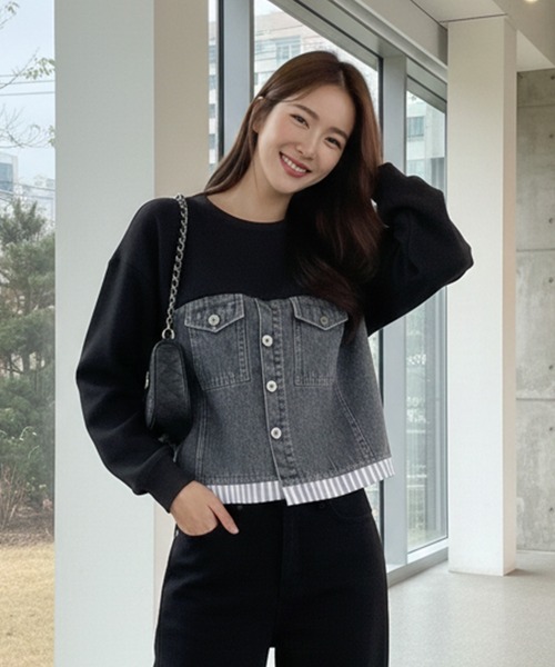 Pt18kg(プラチナイチハチキログラム)の「異素材ドッキングトップス(Tシャツ/カットソー・レディース・ネイビー/ブラック/グレー・FREE)」の6枚目の写真