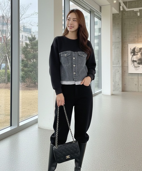 Pt18kg(プラチナイチハチキログラム)の「異素材ドッキングトップス(Tシャツ/カットソー・レディース・ネイビー/ブラック/グレー・FREE)」の7枚目の写真