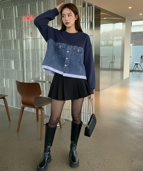 Pt18kg(プラチナイチハチキログラム)の「異素材ドッキングトップス(Tシャツ/カットソー・レディース・ネイビー/ブラック/グレー・FREE)」の16枚目の写真