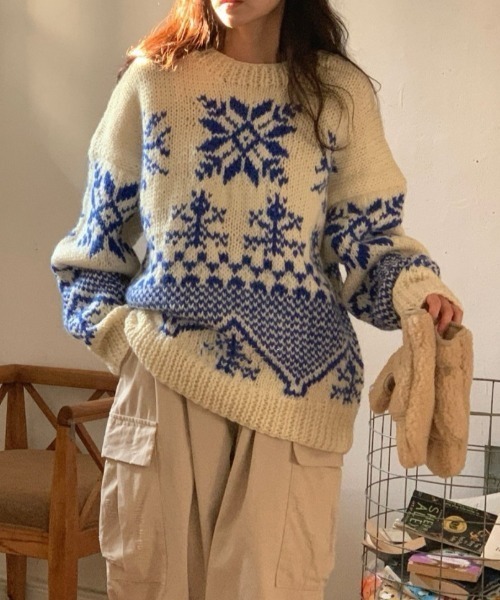 ノエラ ノルディック柄 セーター ブルー NOELA ノルディック柄ニット